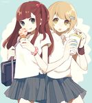  :q bag bow brown_eyes brown_hair green_eyes hair_bow hair_ornament hair_ribbon hairclip holding ice_cream_cone light_brown_hair long_hair looking_at_viewer maco22 multiple_girls open_mouth original pleated_skirt ribbon school_bag school_uniform short_hair skirt smile tongue tongue_out 