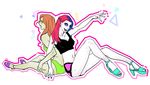  2girls back-to-back batman_(series) blue_eyes breasts cleavage dc_comics green_eyes harley_quinn high_heels lipstick makeup midriff multicolored_hair multiple_girls nail_polish poison_ivy red_hair shorts sitting twintails two-tone_hair 