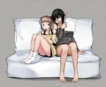  age_difference aoshima bare_legs bare_shoulders barefoot black_eyes black_hair breasts brown_eyes brown_hair cellphone commentary_request couch hair_bobbles hair_ornament hair_over_one_eye heart highres large_breasts multiple_girls open_mouth original paper phone shorts sitting smile twintails 