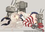  &gt;_&lt; :3 anchor_hair_ornament closed_eyes copyright_name elbow_gloves gloves hair_ornament hairband kantai_collection kotobuki-a long_hair looking_at_viewer navel pleated_skirt rensouhou-chan school_uniform serafuku shimakaze_(kantai_collection) silver_eyes silver_hair skirt striped striped_legwear thighhighs turret white_gloves x3 zettai_ryouiki |_| 