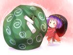  abbreviated_karakusa bikuseno bowl bowl_hat chibi furoshiki hat highres japanese_clothes kimono minigirl obi paper purple_hair pushing red_background sack sash short_hair solo sukuna_shinmyoumaru touhou 