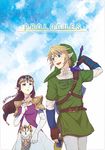  1girl blonde_hair blue_eyes brown_hair earrings gloves hat holding holding_sword holding_weapon jewelry left-handed link long_hair pointy_ears princess_zelda ready_to_draw saiba_(henrietta) shield shoulder_pads smile sword sword_behind_back the_legend_of_zelda the_legend_of_zelda:_twilight_princess tiara weapon weapon_on_back 