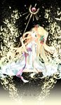  barefoot blonde_hair blue_eyes copyright_name dress hair_ornament holding konataeru long_hair looking_at_viewer magi_the_labyrinth_of_magic scheherazade_(magi) sitting solo staff very_long_hair white_dress 