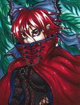  ayato_nyaa bow cape chain covered_mouth facepaint hair_bow highres red_eyes red_hair sekibanki shirt short_hair touhou 