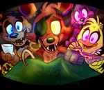  blue_eyes bonnie_(fnaf) chica_(fnaf) five_nights_at_freddy&#039;s food foxy_(fnaf) freddy_(fnaf) glowing glowing_eyes looking_at_viewer machine mechanical pink_eyes pirate pizza purple_eyes robot smile thedoggygal yellow_eyes 