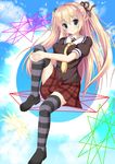  bad_id bad_pixiv_id blonde_hair blue_eyes decagram leg_hug long_hair looking_at_viewer original plaid plaid_skirt ro-ichi school_uniform serafuku shoes sitting skirt smile solo striped striped_legwear thighhighs two_side_up 