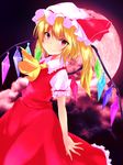 ascot blonde_hair fang_out flandre_scarlet frilled_skirt frills hat hat_ribbon highres mob_cap moon puffy_short_sleeves puffy_sleeves randoruto-kan red_eyes red_moon ribbon short_sleeves skirt smile touhou vest 