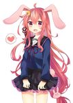  :d animal_ears bad_id bad_pixiv_id blush bunny_ears bunny_hair_ornament bunny_tail crescent crescent_hair_ornament frilled_skirt frills hair_ornament heart kantai_collection long_hair long_sleeves looking_at_viewer low-tied_long_hair neckerchief open_mouth pink_eyes pink_hair pleated_skirt purple_skirt sailor_collar school_uniform serafuku skirt smile solo tail uzuki_(kantai_collection) very_long_hair watase_(abe) white_background 