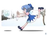  1girl blue_hair blush cirno fairy female frog hair_ornament hair_ribbon hatomugisan ice ice_wings mary_janes open_mouth outstretched_arms puffy_sleeves ribbon running shadow shoes smile snow socks solo touhou wings 