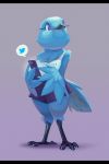  2019 anisodactyl anthro avian beak blue_feathers chest_tuft clothed clothing daria_arbuz digitigrade eyelashes feathers female gradient_background neck_tuft phone purple_eyes scales semi-anthro shirt shorts simple_background solo tank_top tuft tweetfur twitter winged_arms wings 