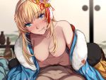  1boy 1girl :p bangs black_legwear blonde_hair blue_eyes blurry blurry_background blush breasts cleavage cowgirl_position depth_of_field evelysse_(star_ocean) eyebrows_visible_through_hair hair_ornament hairband hanging_breasts head_tilt hetero japanese_clothes kimono large_breasts long_hair looking_at_viewer male_pubic_hair navel nipples off_shoulder open_clothes open_kimono open_mouth pov pubic_hair sblack sex sitting smile star_ocean straddling thighhighs tongue tongue_out vaginal 
