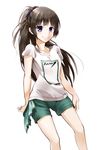  absurdres black_hair blossomsa blue_eyes highres long_hair looking_at_viewer original ponytail shirt shorts smile solo t-shirt white_background 