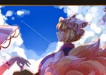  animal_ears blonde_hair blue_sky cat_ears chen cloud day dress fox_tail gloves hands_in_opposite_sleeves hat long_sleeves multiple_girls multiple_tails parasol pillow_hat sky tabard tail touhou umbrella white_dress white_gloves wide_sleeves wind_chime yakumo_ran yakumo_yukari yellow_eyes yetworldview_kaze 