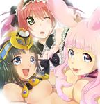  airi airi_(queen's_blade) animal_ears black_hair blue_eyes breasts bunny_ears green_eyes looking_at_viewer maid melona menace multiple_girls pink_hair queen&#039;s_blade queen's_blade red_hair tongue 