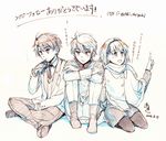  2boys aki_(neyuki41028) aldnoah.zero asseylum_vers_allusia blush juice_box kaizuka_inaho kneeling military military_uniform monochrome multiple_boys necktie open_mouth poncho scarf school_uniform short_hair sitting skirt slaine_troyard smile sweater_vest uniform 