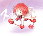  all_fours barefoot bikuseno chibi crawling drum horikawa_raiko instrument jacket mitsudomoe_(shape) necktie plaid plaid_shirt purple_background purple_neckwear red_hair shirt short_hair skirt smile solo tomoe_(symbol) touhou 