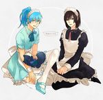  alternate_hairstyle apron bad_id bad_pixiv_id black_dress black_hair black_legwear blue_dress blue_hair crossdressing dog dramatical_murder dress long_hair maid maid_headdress male_focus multiple_boys otoko_no_ko ponytail ren_(dramatical_murder) ribbon sei_(dramatical_murder) seragaki_aoba shaoling sitting thighhighs white_legwear 