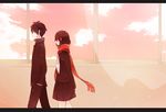  1girl bad_id bad_pixiv_id black_hair hair_ornament hairclip kagerou_project kiichigo_(k-15) kisaragi_shintarou long_hair pink_sky red_scarf scarf school_uniform serafuku short_hair tateyama_ayano 