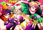  blonde_hair blue_eyes bola_(weapon) caesar_anthonio_zeppeli colorful feathers fingerless_gloves gloves gradient_hair green_eyes hair_feathers headband highres jojo_no_kimyou_na_bouken joseph_joestar_(young) mariero_(mariello) mouth_hold multicolored_hair multiple_boys red_hair scarf 