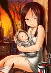  baby baby_carry bandages brown_eyes brown_hair carrying closed_eyes crying crying_with_eyes_open highres long_hair looking_at_viewer newspaper open_mouth original red_cross sitting smile smoke takotsu tears torn_clothes war 