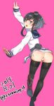  2014 arched_back ass back-seamed_legwear bad_id bad_twitter_id black_hair black_legwear blue_eyes dated fang hat highres kantai_collection kyuuso_inukami leaning_forward mini_hat open_mouth panties pink_background sailor_collar seamed_legwear short_hair_with_long_locks side-tie_panties sidelocks simple_background sleeves_past_wrists thighs tokitsukaze_(kantai_collection) twitter_username underwear v white_panties 