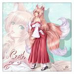  2014 animal_ears big_breasts breasts brown_fur brown_hair canine cleavage clothed clothing female fox fox_ears fur green_eyes hair hi_res human japanese_clothing kimono lips long_hair looking_at_viewer mammal multiple_tails nails sandals smile socks solo standing thenightwishmaster white_fur 
