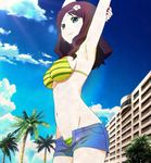  1girl armpits arms_behind_head bikini breasts brown_hair green_eyes hair_ornament hairpin hamatora medium_breasts mound_of_venus navel open_clothes open_shorts rei_(hamatora) shorts smile solo striped striped_bikini striped_swimsuit swimsuit underboob 