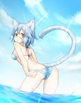  :/ animal_ears ass bad_id bad_pixiv_id bare_back bare_legs bare_shoulders bikini blue_hair blue_sky breasts cat_ears cat_tail cloud day from_behind highres looking_at_viewer medium_breasts orange_eyes original ryota_tentei scar short_hair sky solo swimsuit tail tora_tentei wading water 