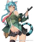  :&lt; ahoge animal_ears bare_shoulders belt black_legwear black_skirt blue_hair braid breasts cat_ears cat_tail copyright_request dark_skin facial_mark green_jacket green_shirt gun hair_between_eyes hair_tie holding holding_gun holding_weapon impossible_clothes impossible_shirt jacket long_hair long_sleeves looking_at_viewer medium_breasts microskirt midriff nanahara_fuyuki navel necktie off_shoulder pleated_skirt popped_collar red_neckwear rifle shiny shiny_skin shirt simple_background single_braid single_thighhigh skirt slit_pupils solo tail thighhighs watermark weapon white_background yellow_eyes 