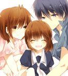  2girls :d antenna_hair blue_eyes blue_hair brown_eyes brown_hair chunnkoromochi clannad closed_eyes family father_and_daughter furukawa_nagisa hair_ornament hairclip highres husband_and_wife mother_and_daughter multiple_girls necktie okazaki_tomoya okazaki_ushio open_mouth school_uniform serafuku smile 