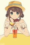  arm_support brown_hair drinking_straw glass green_eyes hat head_rest highres juice long_hair looking_at_viewer maco22 original smile solo straw_hat 