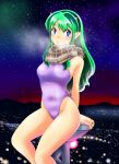 1girl absurdres blue_eyes breath brown_scarf cityscape commentary_request competition_swimsuit covered_navel cowboy_shot eyeshadow green_hair highres horns lavender_swimsuit long_hair lum makeup nanao_futaba night night_sky one-piece_swimsuit plaid plaid_scarf pointy_ears scarf sitting sky solo star_(sky) starry_sky stool swimsuit urusei_yatsura 