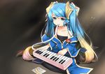  blue_eyes blue_hair hair_ornament instrument keyboard_(instrument) league_of_legends long_hair looking_at_viewer melodica mouth_hold music name_tag playing_instrument sitting smile solo sona_buvelle takotsu twintails very_long_hair younger 