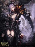  belt breasts cglange cleavage contrapposto hair_over_one_eye legend_of_the_cryptids lips lipstick long_hair makeup medium_breasts purple_hair scythe skull standing weapon yellow_eyes 