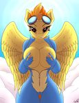  2014 anthro anthrofied big_breasts biting_lip breasts camel_toe equine eyelashes eyewear female friendship_is_magic fur goggles hair hi_res looking_at_viewer mammal my_little_pony nipples orange_hair outside pegasus replica_(artist) skinsuit solo spitfire_(mlp) two_tone_hair wide_hips wings wonderbolts_(mlp) yellow_fur 