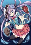  :/ adapted_costume alternate_costume black_legwear blue_eyes hair_ornament hata_no_kokoro highres long_hair looking_at_viewer mask maturiuta_sorato navel plaid plaid_shirt purple_hair reaching shirt solo touhou 