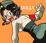  1girl armband back brown_hair character_name female from_behind glasses hat headset looking_back military military_uniform molly_(skullgirls) open_mouth orange_background simple_background skullgirls smile solo uniform wavy_mouth 