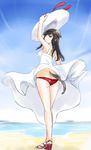  animal_ears arm_up ass black_hair breasts dog_ears dog_tail dress federica_n_doglio from_behind green_eyes hat hat_removed headwear_removed horizon medium_breasts ocean panties red_panties skirt standing sun_hat sundress tail underwear vt water white_dress white_hat wind wind_lift world_witches_series 