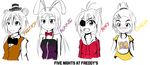  animal_ears antenna_hair bangs bear_ears blush bonnie_(fnaf) bow bowtie bunny_ears character_name chica clothes_writing collarbone copyright_name detached_collar english expressionless eyepatch fangs five_nights_at_freddy's fox_ears foxy_(fnaf) freckles freddy_fazbear genderswap genderswap_(mtf) hair_between_eyes hair_ornament hairclip half_updo hat high_ponytail highres keramatzmode long_hair long_sleeves multiple_girls open_mouth parted_bangs partially_colored personification puffy_short_sleeves puffy_sleeves short_hair short_ponytail short_sleeves simple_background sleeveless smile tareme upper_body vest white_background 