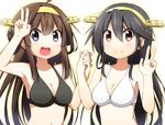  ahoge bikini bikini_top black_bikini black_hair breasts brown_hair cleavage double_bun hairband haruna_(kantai_collection) holding_hands kantai_collection kongou_(kantai_collection) long_hair looking_at_viewer medium_breasts miyako_hito multiple_girls open_mouth smile swimsuit v white_bikini 