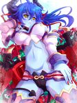  1girl asmodeus_(shinrabanshou) black_sclera blue_hair blue_skin breasts detached_collar detached_sleeves hair_ribbon horns long_hair nail_polish pointy_ears ribbon shinrabanshou solo tail thighhighs wings yellow_eyes yude 