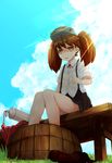  bad_id bad_pixiv_id blue_sky brown_hair brown_skirt bucket cloud comah day hot kantai_collection knees_together_feet_apart magatama ryuujou_(kantai_collection) shirt shoes_removed sitting skirt sky sleeves_rolled_up solo sun suspenders sweat twintails visor_cap white_shirt wooden_bucket 