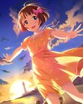  :d artist_request blue_eyes brown_hair dress idolmaster idolmaster_cinderella_girls kudou_shinobu lighthouse official_art open_mouth outstretched_arms short_hair sky smile solo spread_arms star_(sky) starry_sky sun twilight wind 