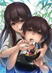  akagi_(kantai_collection) anmitsu_(dessert) brown_eyes brown_hair feeding japanese_clothes kaga_(kantai_collection) kantai_collection lif long_hair multiple_girls muneate open_mouth short_hair side_ponytail 