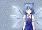  blue_eyes blue_hair bow cirno dress expressionless glowing glowing_wings grey_background hair_bow highres looking_at_viewer puffy_short_sleeves puffy_sleeves ribbon short_hair short_sleeves solo touhou wings zzz_(chomic) 