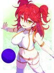  1girl bad_haro breasts earrings freckles gundam gundam_00 jewelry medium_breasts midriff navel nena_trinity open_mouth red_hair shorts solo thighhighs two_side_up wristband yellow_eyes yude 