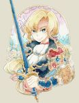  androgynous armor ascot bad_id bad_pixiv_id bangs blonde_hair blue_eyes colored_eyelashes cravat faris_scherwiz final_fantasy final_fantasy_v flower highres holding low_ponytail parted_bangs ponytail solo sunagimo_(nagimo) sword traditional_media watercolor_(medium) weapon 