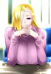  absurdres bad_id bad_pixiv_id blue_eyes breasts hair_over_one_eye highres huge_breasts looking_at_viewer megatama original pov_across_table ribbed_sweater sitting smile solo sweater turtleneck upper_body 