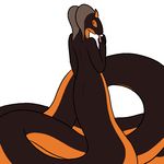  2014 aliasing back_turned butt cobra demon female forked_tongue horn long_tail looking_back naga nude plain_background reptile scalene scalie smile snake tongue trout_(artist) 