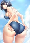  adjusting_clothes adjusting_swimsuit ass black_hair breasts hat kantai_collection kinntarou large_breasts looking_back red_eyes short_hair swimsuit takao_(kantai_collection) 